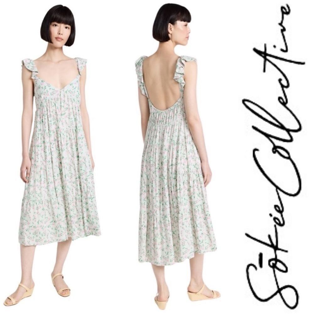 Sokee Collective Summer Flutter Dress in Green and Pink Floral. Size Small. NWT!